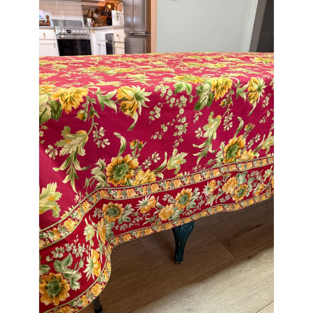 April Cornell Red Floral Sunflower Cotton Tablecloth Burgundy Yellow Green